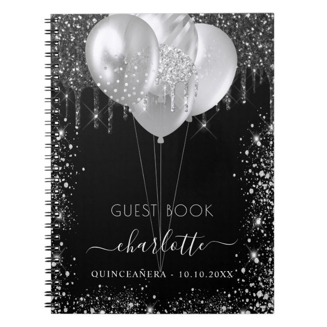 Guest bok Quinceanera Black silver glitter namn Anteckningsbok (Framsidan)
