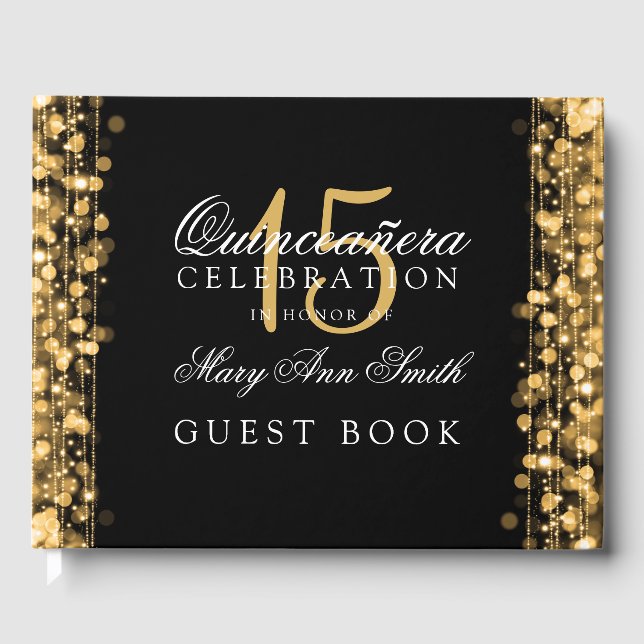 Guest Bok Quinceanera Party Sparkles Guld (Framsida)