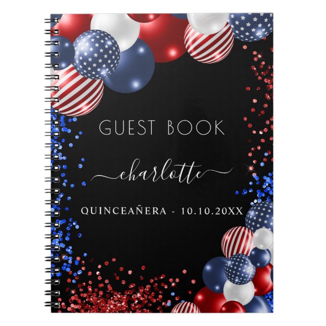 Guest bok Quinceanera patriotic rött vitt blått Anteckningsbok (Framsidan)