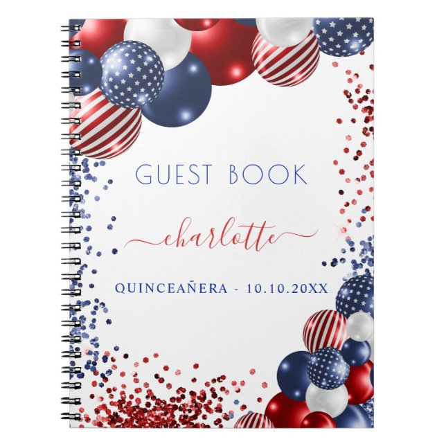 Guest bok Quinceanera patriotic rött vitt blått Anteckningsbok (Framsidan)