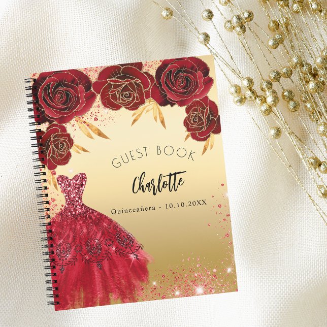 Guest bok Quinceanera red guld glitter Anteckningsbok (Skapare uppladdad)