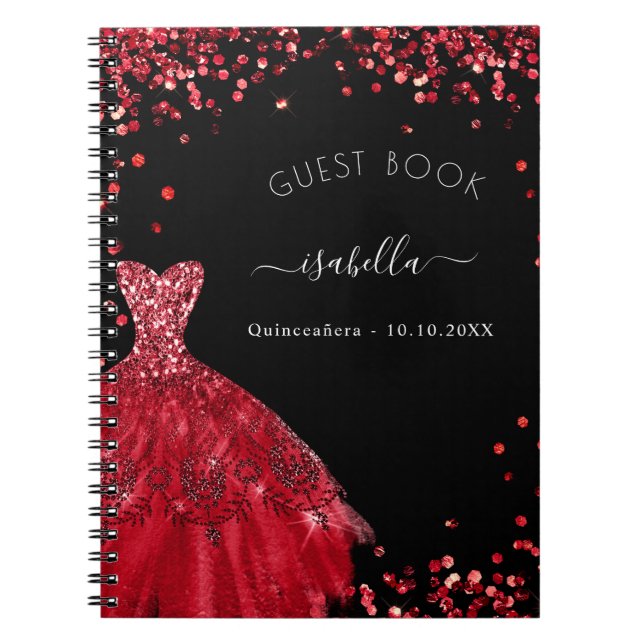 Guest bok Quinceanera svartröd klänning glitter Anteckningsbok (Framsidan)