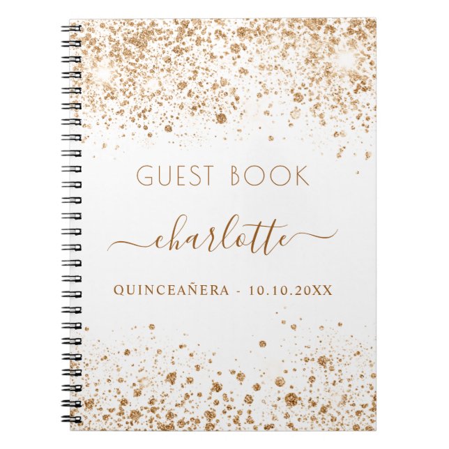 Guest bok Quinceanera, vit guld glitter namn Anteckningsbok (Framsidan)