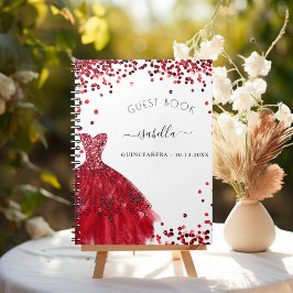 Guest bok Quinceanera, vit röd klänning glitter Anteckningsbok
