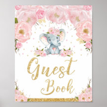 Guest Bok Rosa Blommigt Elephant Baby Shower Sign-