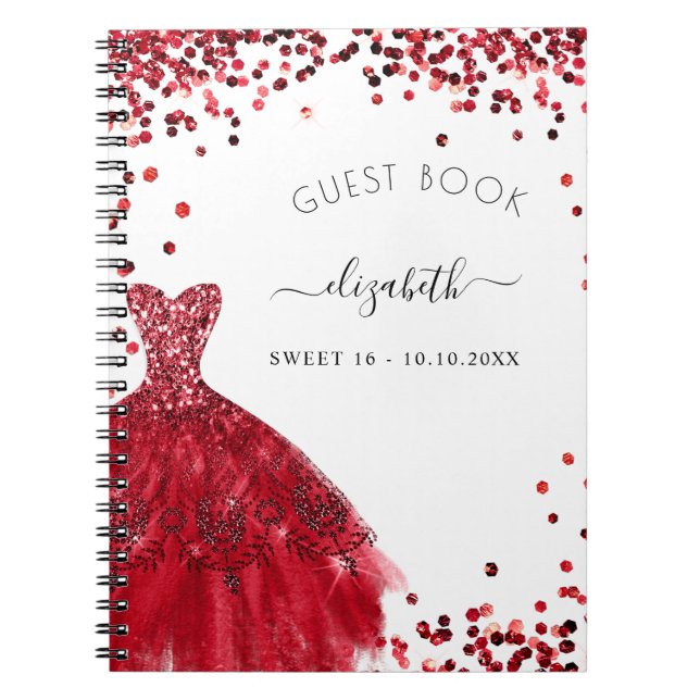 Guest bok Sweet 16 Black Red dress glitter Anteckningsbok (Framsidan)