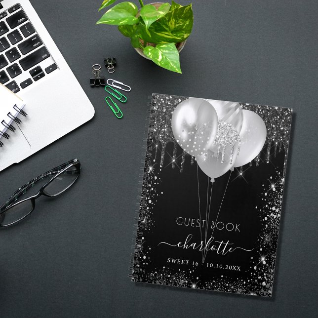 Guest bok Sweet 16 black silver glitter namn Anteckningsbok (Skapare uppladdad)