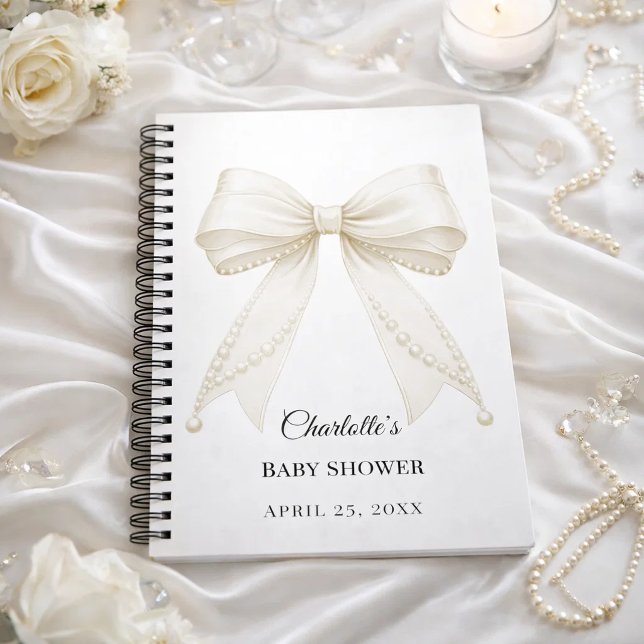 Guest book Baby Shower bow ivory white pearls Anteckningsbok (Skapare uppladdad)