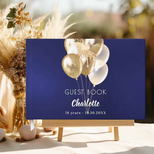 Guest book birthday navy blue gold balloons gästböcker (Skapare uppladdad)
