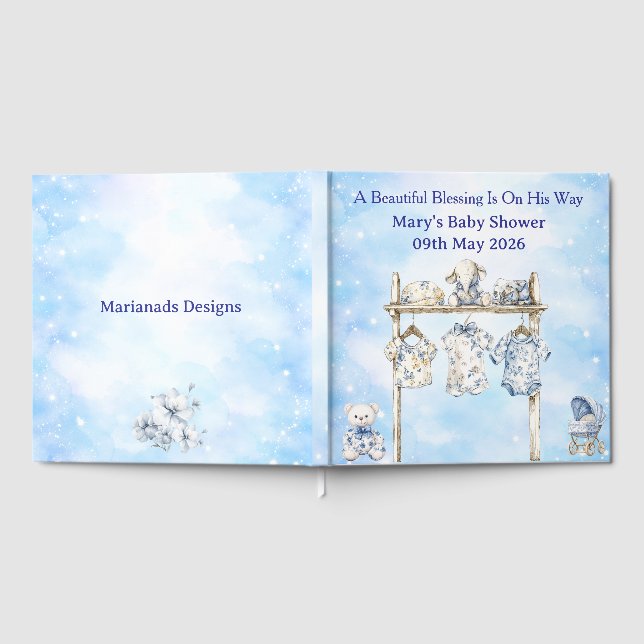 Guest Book-Editable Blue Chinoiserie Baby Shower  Gästböcker (Full)
