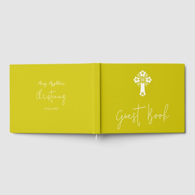 Guest Book Floral Cross Christening Yellow Gästböcker (Full)