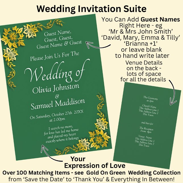 Guest Names, Emerald Green & Gold Wedding  Inbjudningar (Skapare uppladdad)