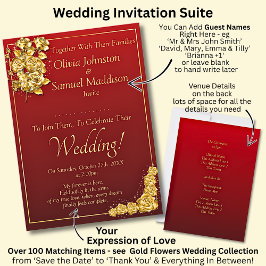 Guest Names, Gold Roses Maroon Red Wedding  Inbjudningar