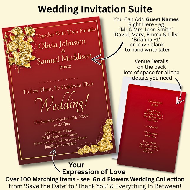 Guest Names, Gold Roses Maroon Red Wedding  Inbjudningar (Skapare uppladdad)
