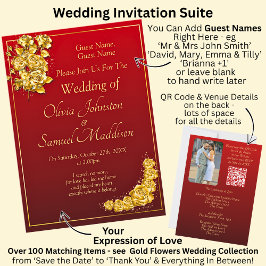 Guest Names, Gold Roses Maroon Red Wedding Inbjudningar