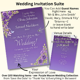 Guest Namn, Lila Mauve Flowers & White Bröllop Inbjudningar