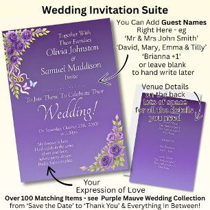 Guest Namn, Lila Mauve Flowers & White Bröllop Inbjudningar