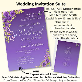 Guest Namn, Lila Mauve Flowers & White Inbjudningar