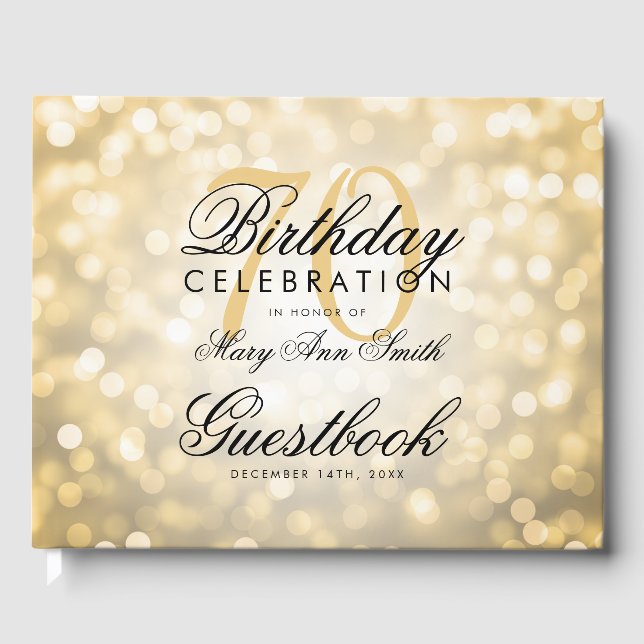 Guestbook 70:e Födelsedagsfesten Guld Glitter Ligh Gästböcker (Framsida)
