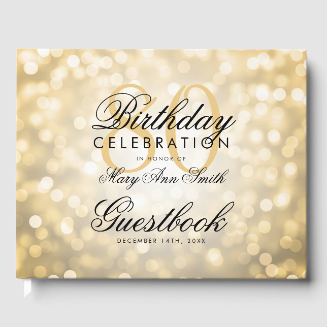 Guestbook 80:e Födelsedagsfesten Guld Glitter Ligh Gästböcker (Framsida)