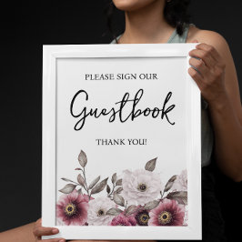 Guestbook Baby Shower-skylt för vit och plommon, B Poster