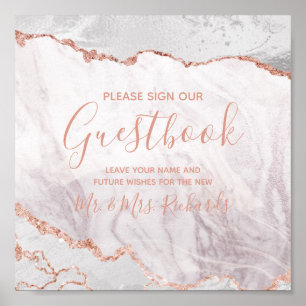 Guestbook Bord-skylt i Vita och Ro Guld Bröllop Poster