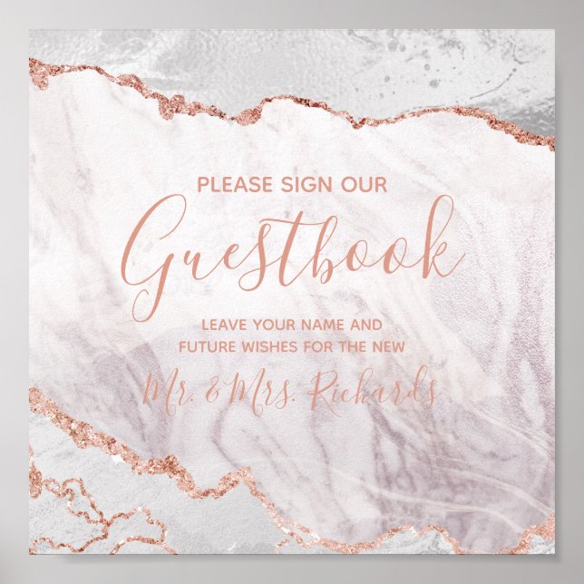 Guestbook Bord-skylt i Vita och Ro Guld Bröllop Poster (Framsidan)