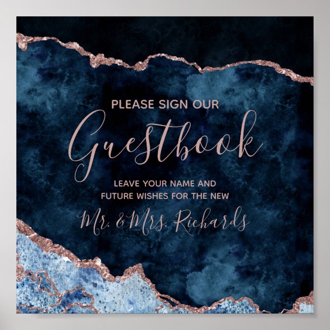 Guestbook Bord-tecken för marinblått Ro Guld Bröll Poster (Framsidan)