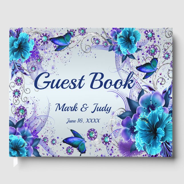 Guestbook Bröllop med blå Blommigt och fjäril Gästböcker (Framsida)