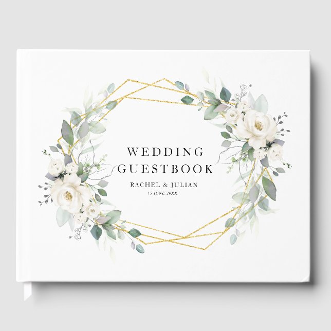 Guestbook bröllop med guld och vit blommigt gästböcker (Framsida)