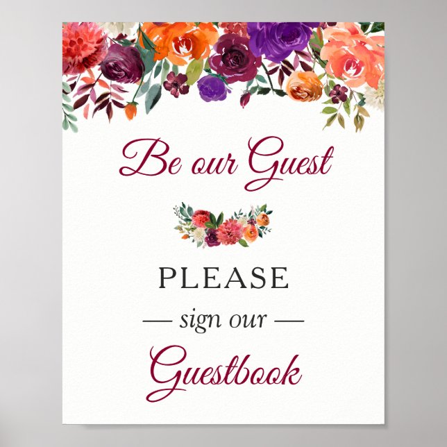 Guestbook Bröllop Sign Burgundy Orange Blommigt Poster (Framsidan)