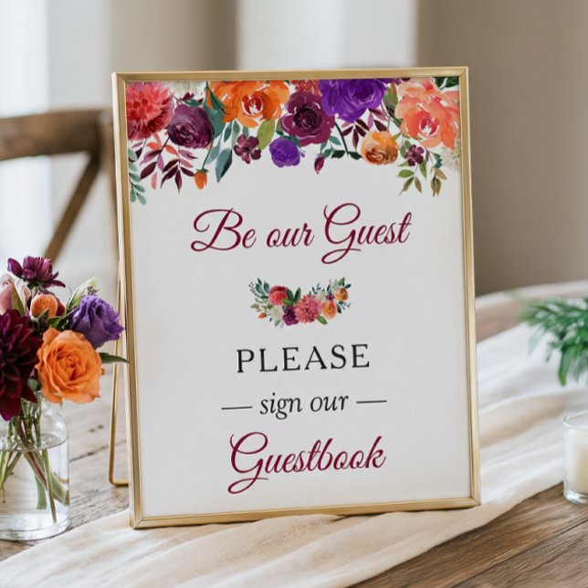 Guestbook Bröllop Sign Burgundy Orange Blommigt Poster (Skapare uppladdad)