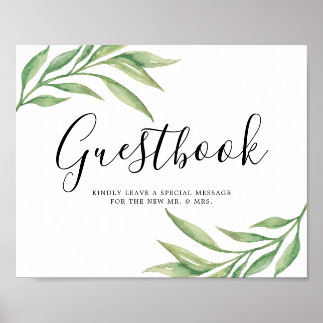 Guestbook Bröllop-skylt för Löv i vattenfärg Poster (Framsidan)