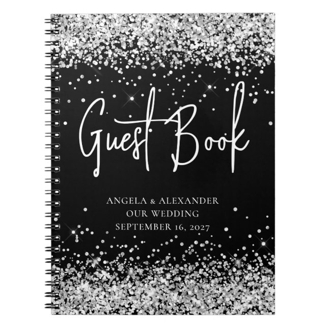 Guestbook Bröllop, svart glam silver Anteckningsbok (Framsidan)