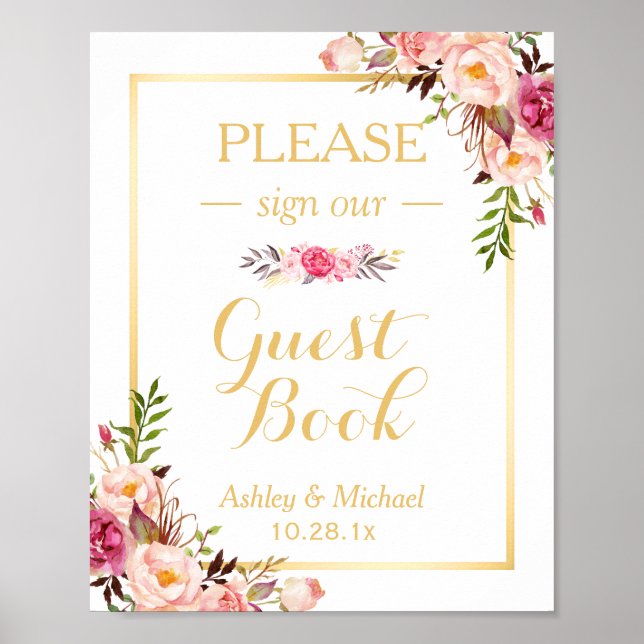 Guestbook Bröllop-tecken | ELEGANT CHIC BLOMMIGT G Poster (Framsidan)