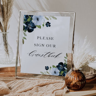 Guestbook bröllop-tecken för marin och ljusblå blo poster