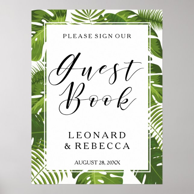 Guestbook bröllop-tecken för Tropical Elegant lövs Poster (Framsidan)