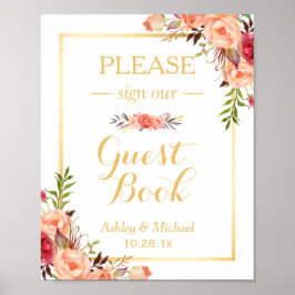 Guestbook Bröllop-tecken | Rustic Guld Orange Blom Poster