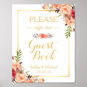 Guestbook Bröllop-tecken Rustic Guld Orange Blom Poster