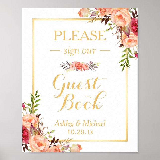 Guestbook Bröllop-tecken | Rustic Guld Orange Blom Poster (Framsidan)
