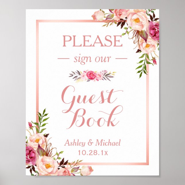 Guestbook Bröllop-tecken | TRENDIG RO GULD BLOMMIG Poster (Framsidan)