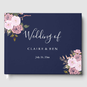 Guestbook Bröllop vid marinblått och Ro Guld Blomm Gästböcker