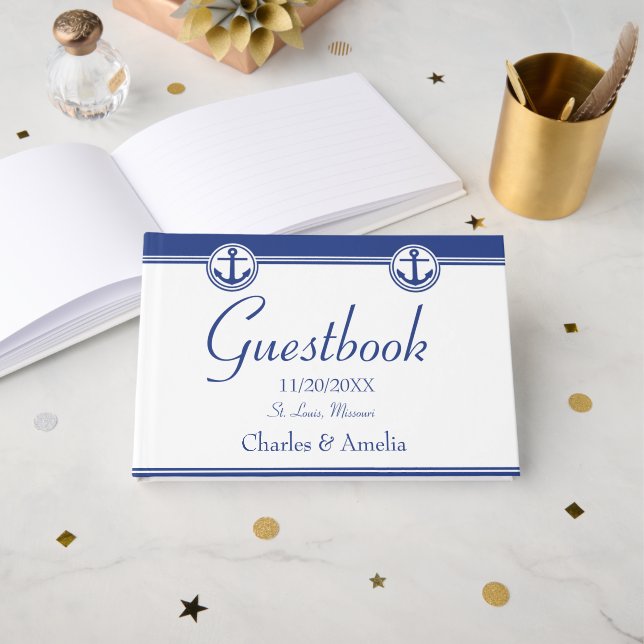Guestbook Bröllopsdag för marinblå navigationsanka Gästböcker (Framsida öppen)