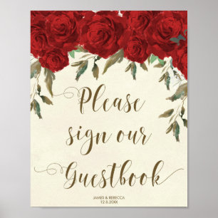 Guestbook bröllopsfest för röd ros blommigt poster