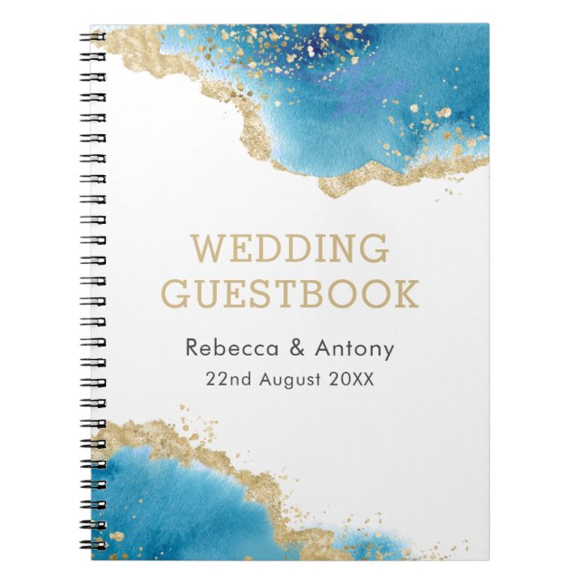 Guestbook elegant Guld Blue Abstrakt Ocean Bröllop Anteckningsbok (Framsidan)