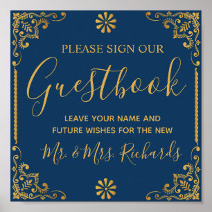Guestbook elegant Navy Blue Guld Ram Bröllop Poster