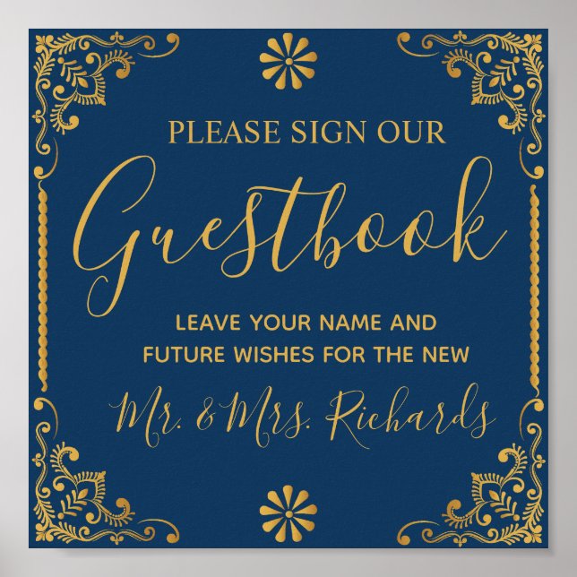 Guestbook elegant Navy Blue Guld Ram Bröllop Poster (Framsidan)