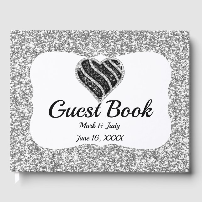 Guestbook Faux Silver Glitter Black Heart Bröllop Gästböcker (Framsida)