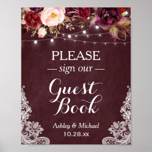 Guestbook för Burgundy Blommigt String Ljus Snöre Poster
