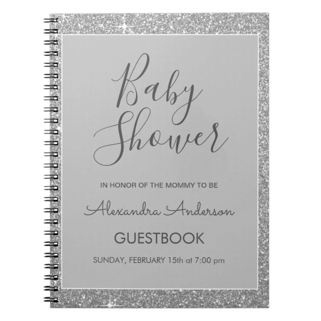 Guestbook Glitter Baby Shower silver Gnistra Anteckningsbok (Framsidan)